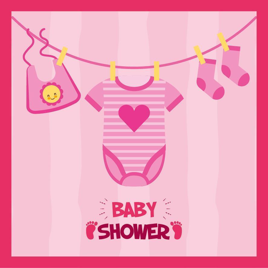 tarjeta de baby shower con ropa colgada vector