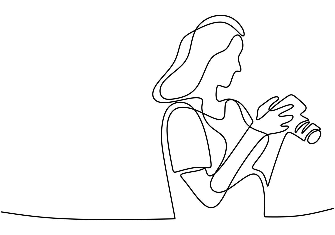 A girl taking photo with her camera. One line continuous. vector