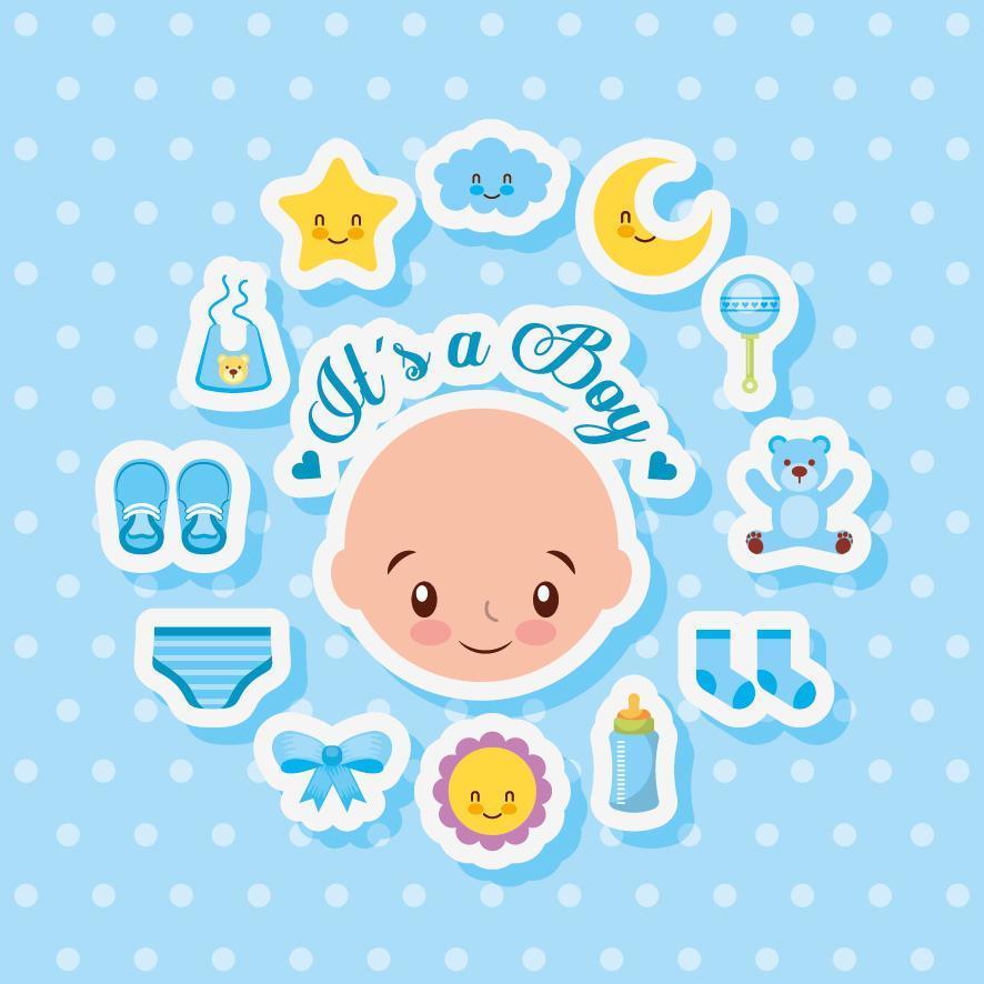 Baby shower card with cute boy and icons vector