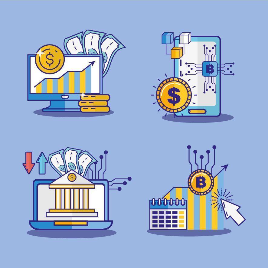 Money, finances and technology concept icon set vector