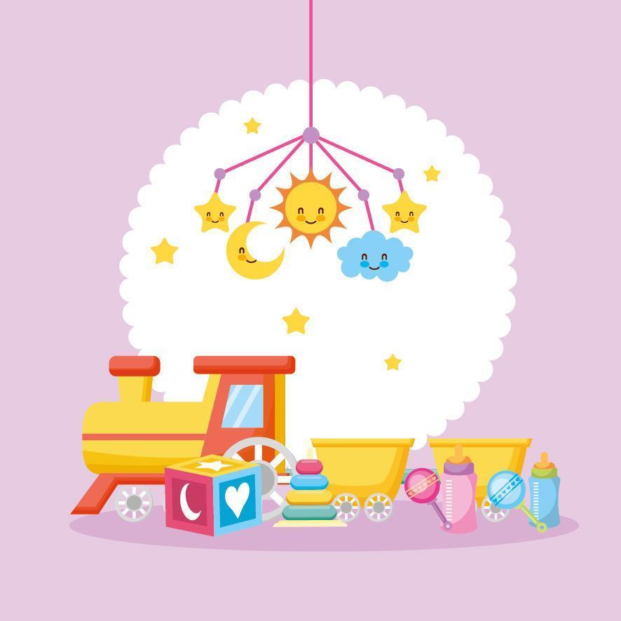 tarjeta de baby shower con lindos juguetes vector