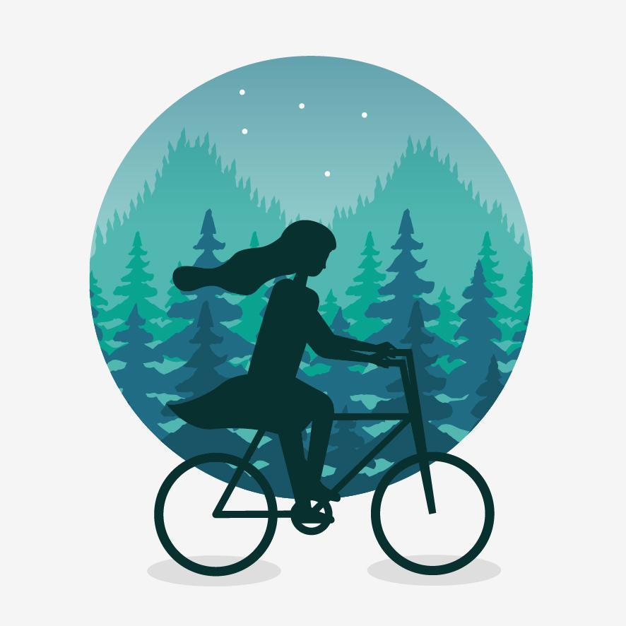 paisaje de pasión por los viajes con mujer en escena de bicicleta vector