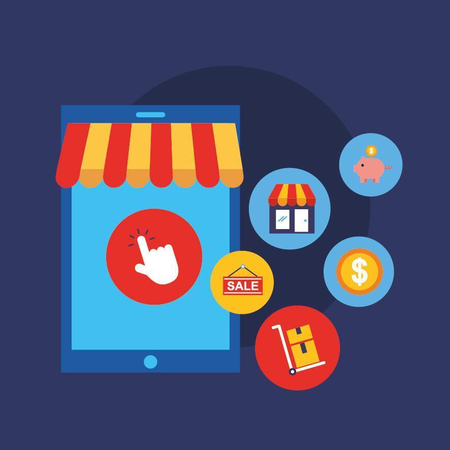 tableta con iconos de tecnología de compras en línea vector