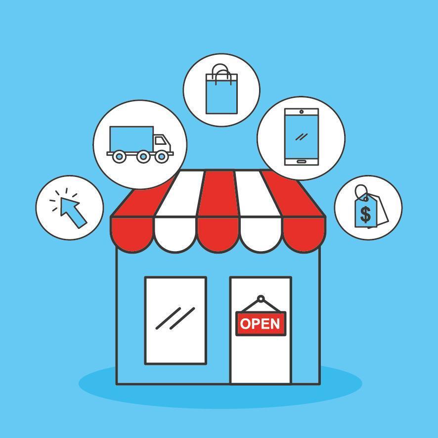 Store building with online shopping technology icons vector