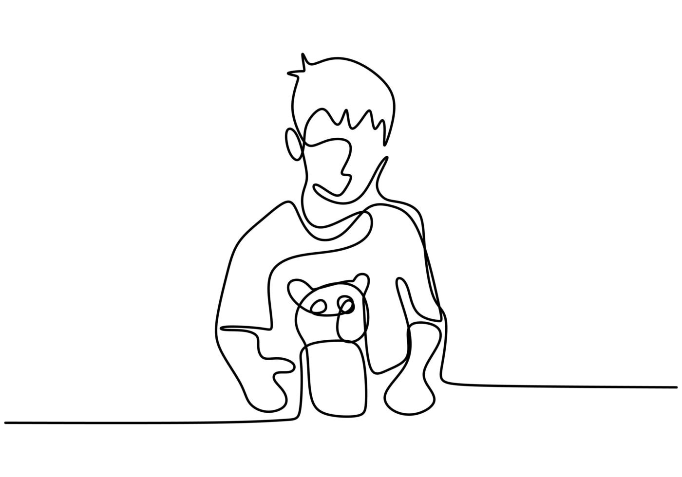 Continuous one line drawing of kid playing with toys, minimalism design. Fun with toy. vector