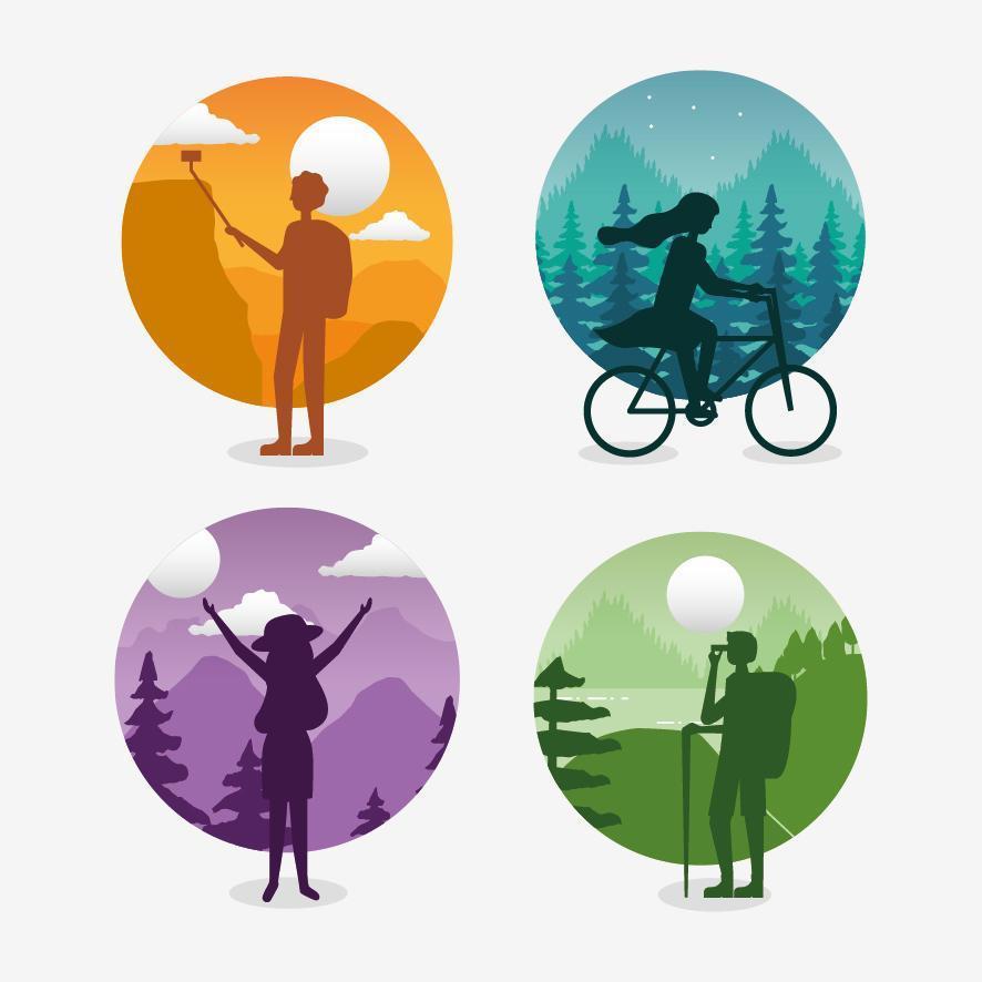 Wanderlust landscapes icons with tourists vector