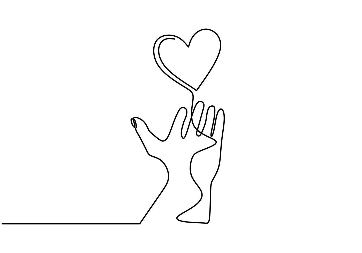 Love symbol with hand and heart. Continuous line drawing, one hand drawn sketch vector illustration.