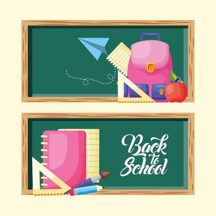 back to school poster with chalkboard and supplies vector