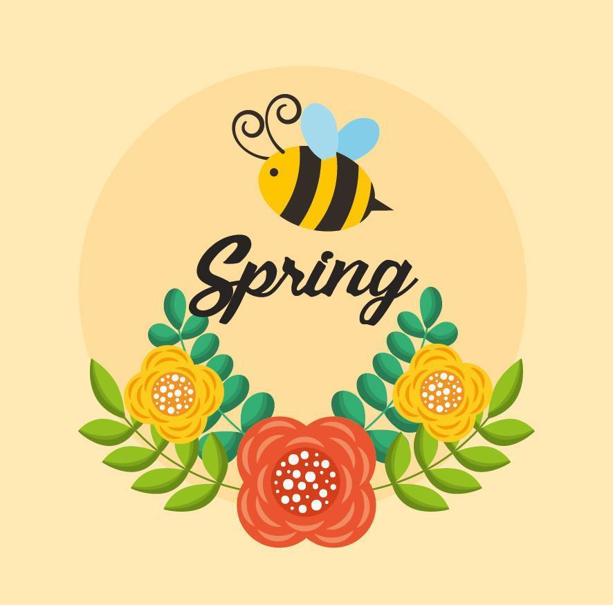 hello spring poster with flowers and bee flying vector