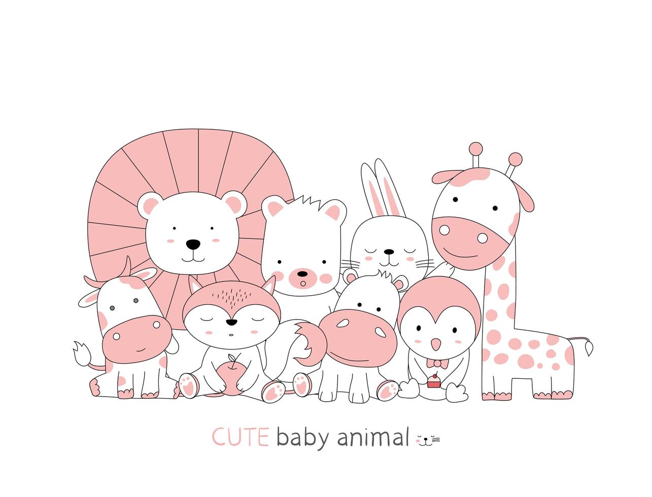 Hand drawn style. Cartoon sketch the cute posture baby animals vector