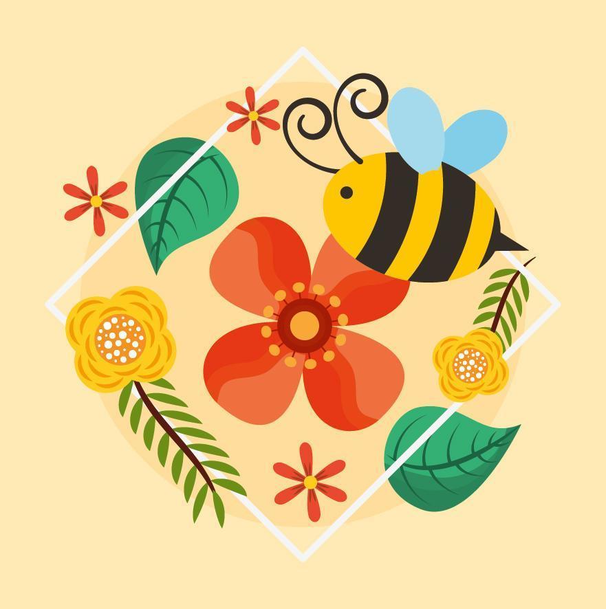 hello spring poster with flowers and bee flying vector