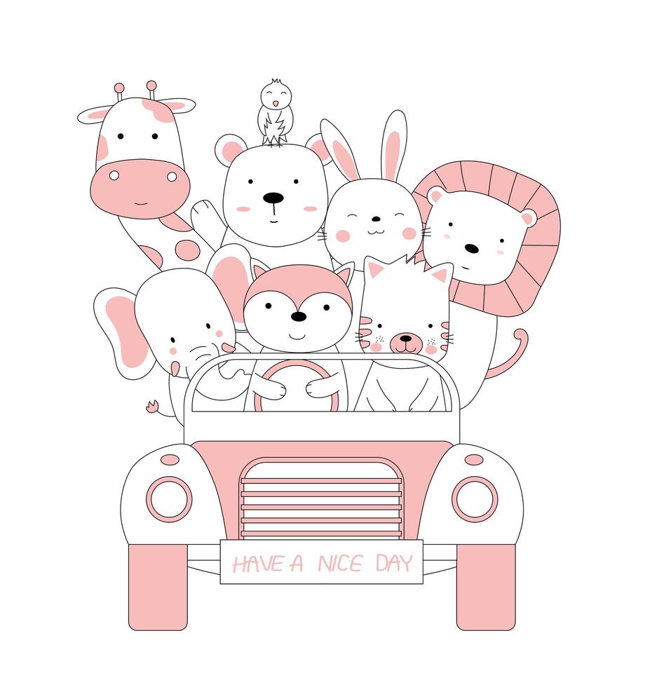 boceto de dibujos animados de lindos animales bebé en el coche. estilo dibujado a mano. vector