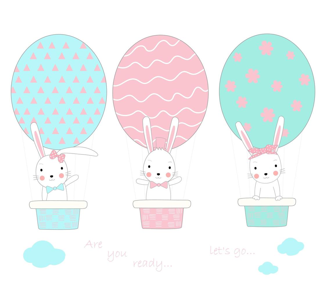 The cute baby rabbit with egg shape balloon air. Hand drawn cartoon style vector