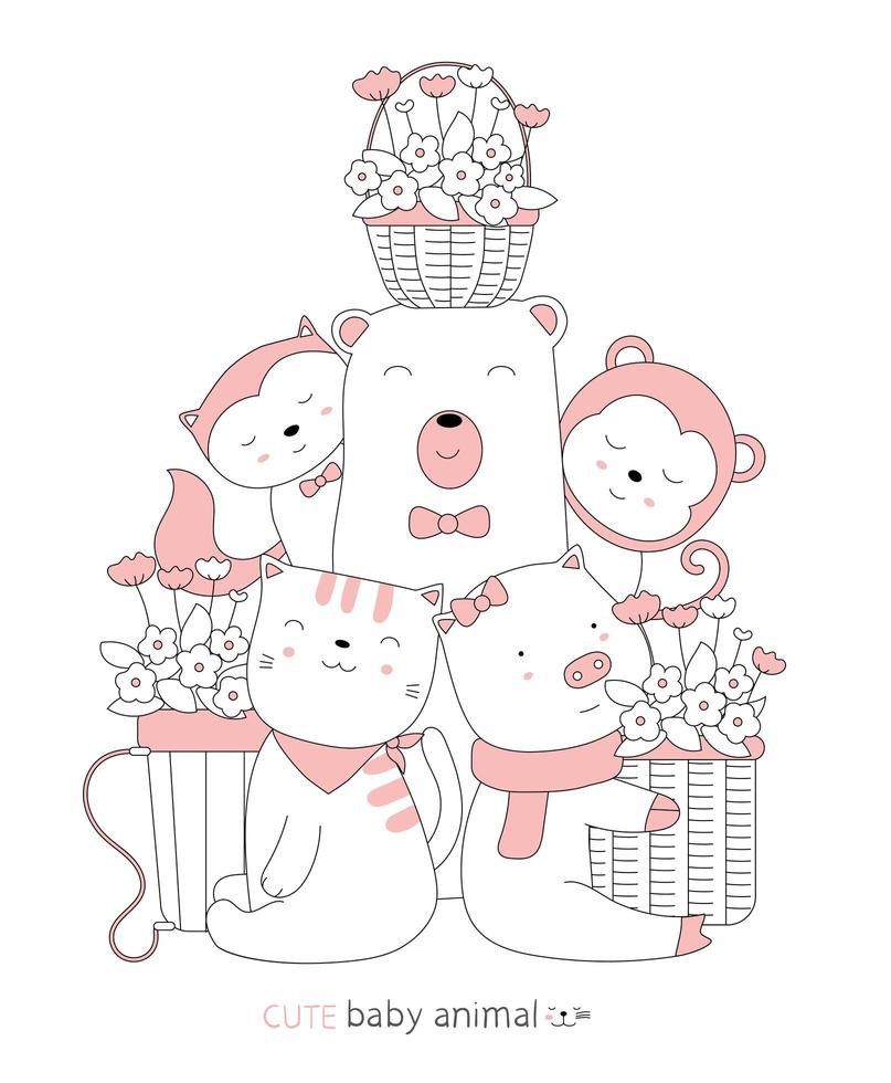 dibujos animados lindo bebé animales con una canasta de flores estilo dibujado a mano. vector