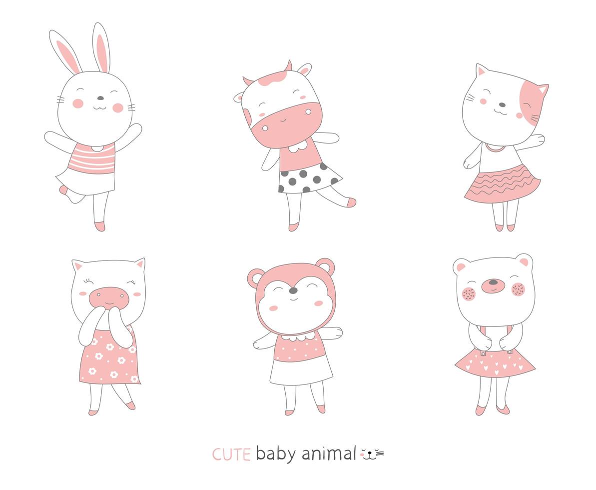 Cartoon lovely baby animals. Hand drawn style. vector