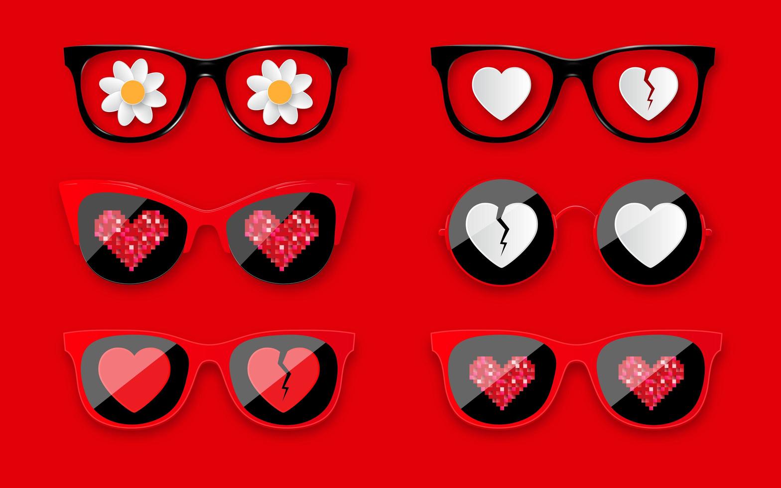 Happy Valentines Day. Set sunglasses with hearts. Fashionable glasses for Valentine's Day holiday design. vector
