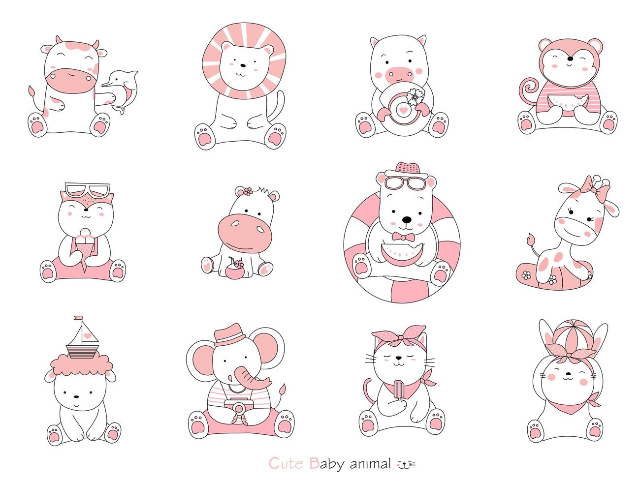 Set of cartoon baby animals on white background. Hand-drawn style. vector