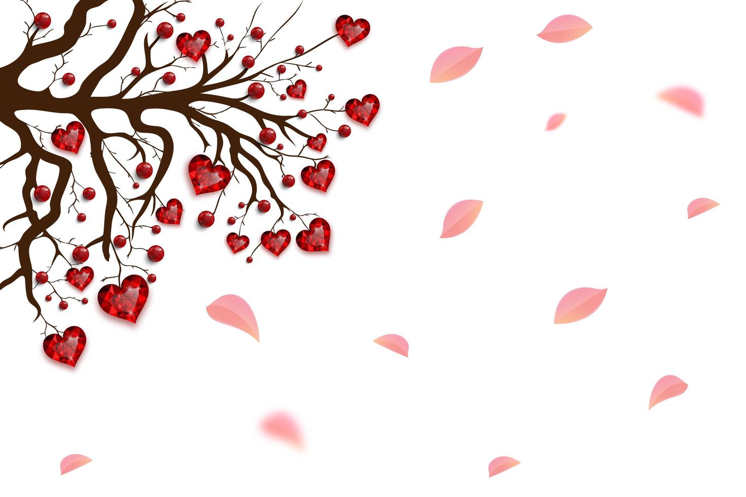 Feliz día de San Valentín. árbol decorado con corazones rojos y perlas. joya de rubí. tarjeta de san valentin. vector