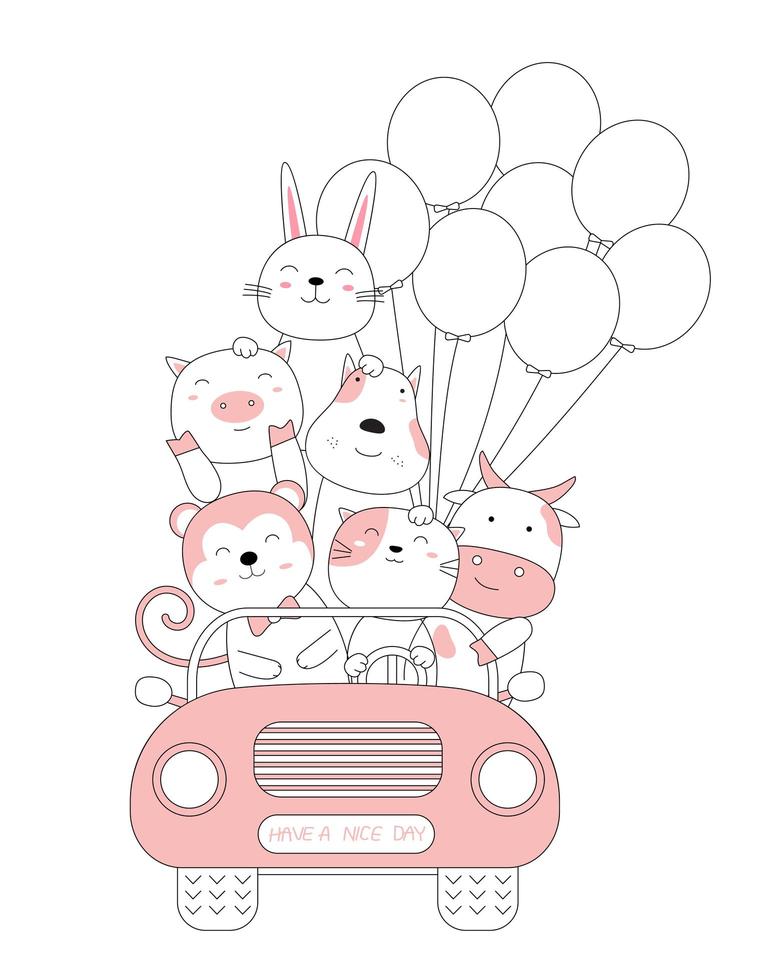 Cartoon Sketch Of Cute Baby Animals In The Car Hand Drawn Style Vector Art At Vecteezy