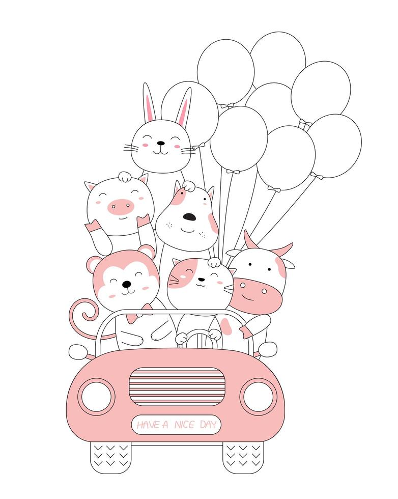 Cartoon sketch of cute baby animals in the car. Hand-drawn style. vector