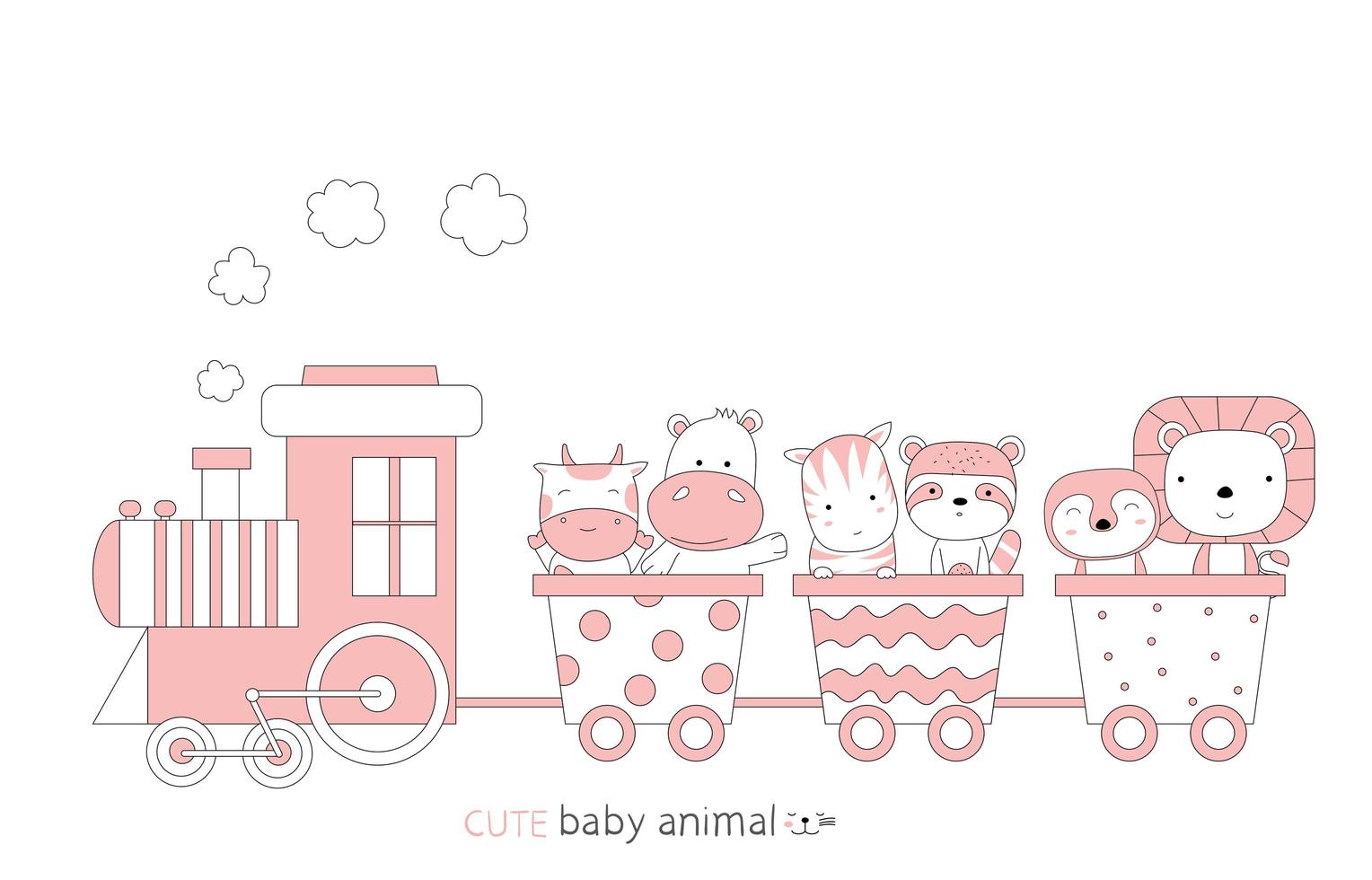 boceto de dibujos animados de lindos animales bebé en un tren. estilo dibujado a mano. vector