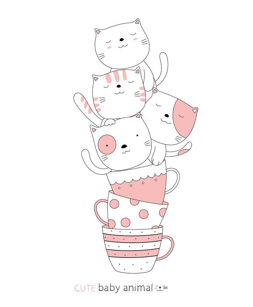 dibujos animados lindo bebé gatos en tazas de té. estilo dibujado a mano. vector