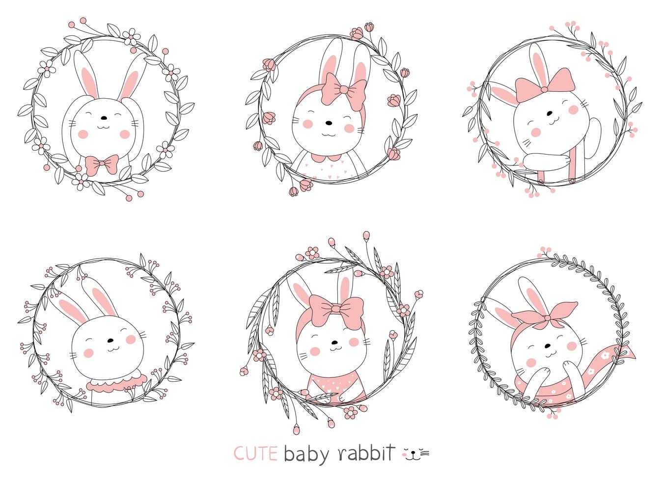 Cartoon lovely rabbits and floral frames. Hand drawn style. vector