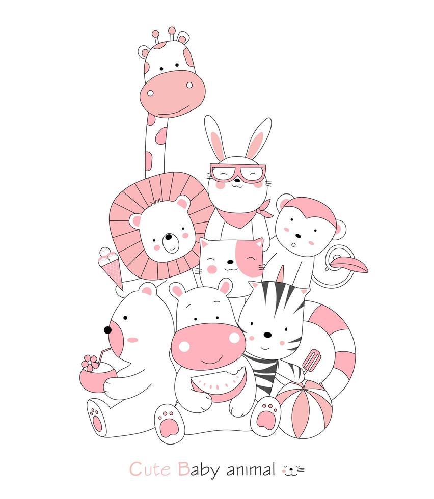 Hand drawn style. Cartoon baby animals vector