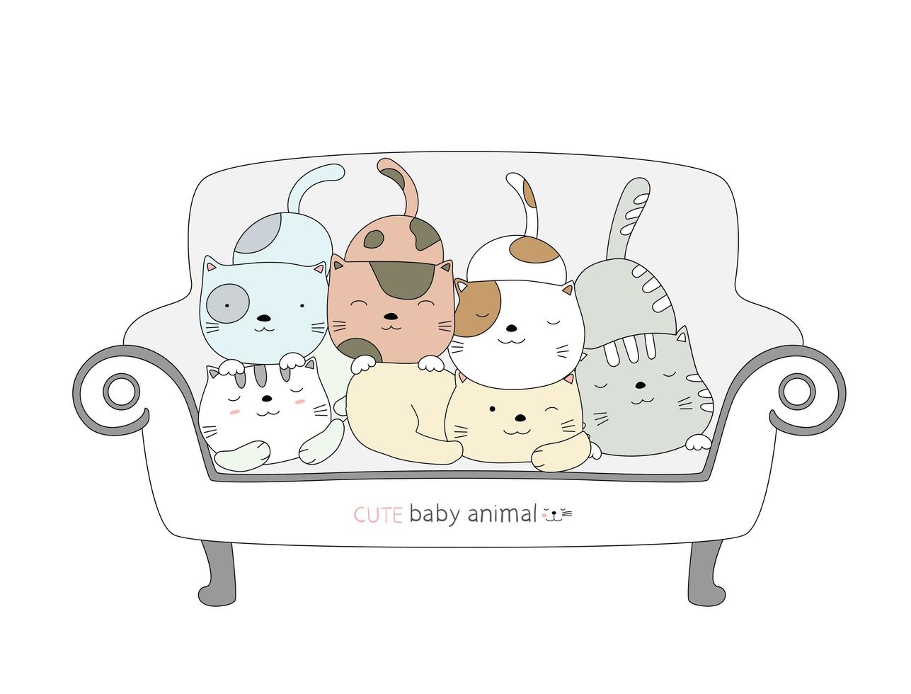 Cartoon cute cats on a chair. Hand-drawn style. vector