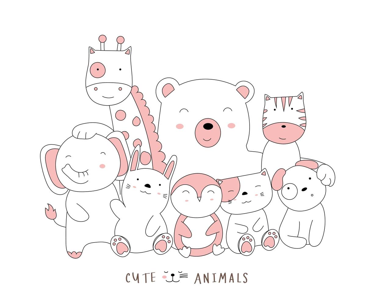 Hand drawn style. Cartoon sketch the cute posture baby animals vector