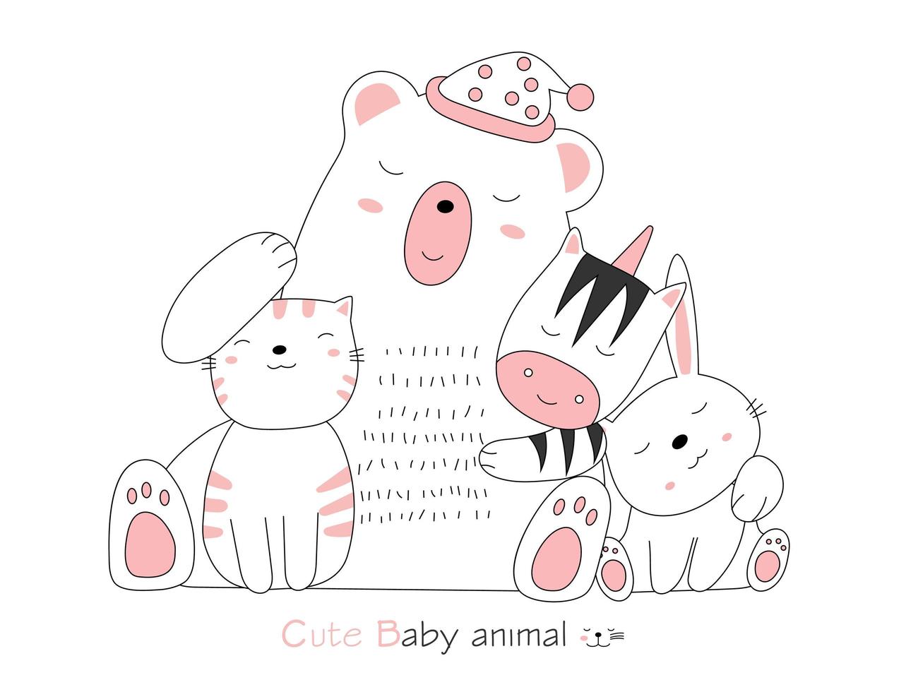 Hand drawn style. Cartoon sketch the cute posture baby animals vector