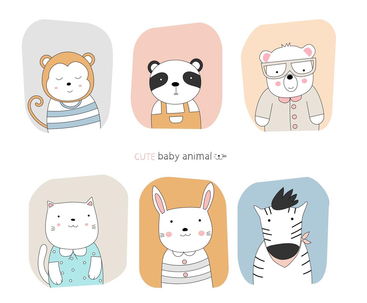 Cartoon baby animals with frame color backgrounds.  Hand-drawn style. vector