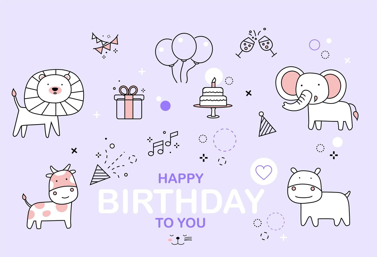 Celebration party card with white cute animal cartoons and elements outline icons. Hand drawn style vector