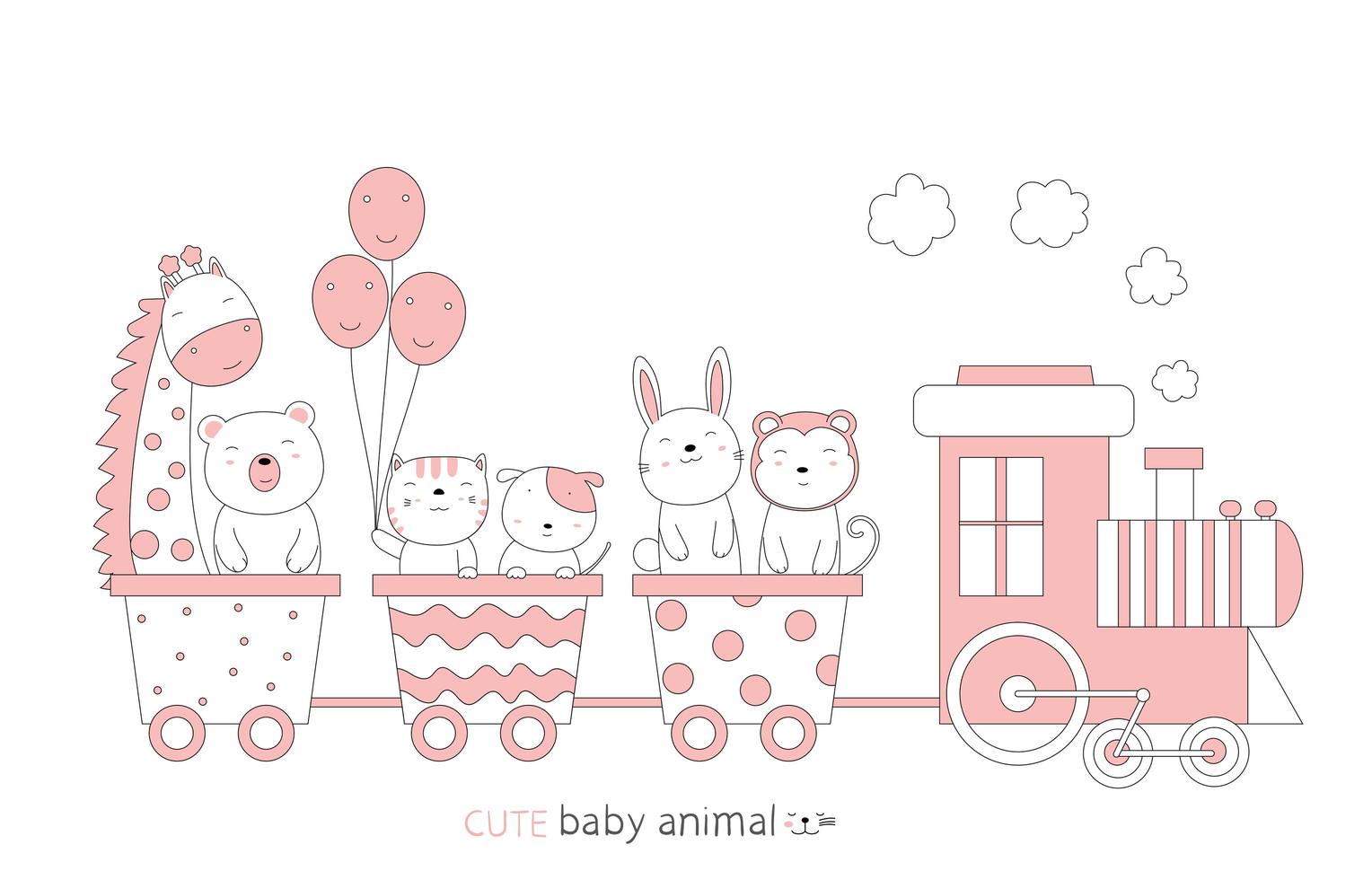 Cartoon sketch of cute baby animals on a train. Hand-drawn style. vector