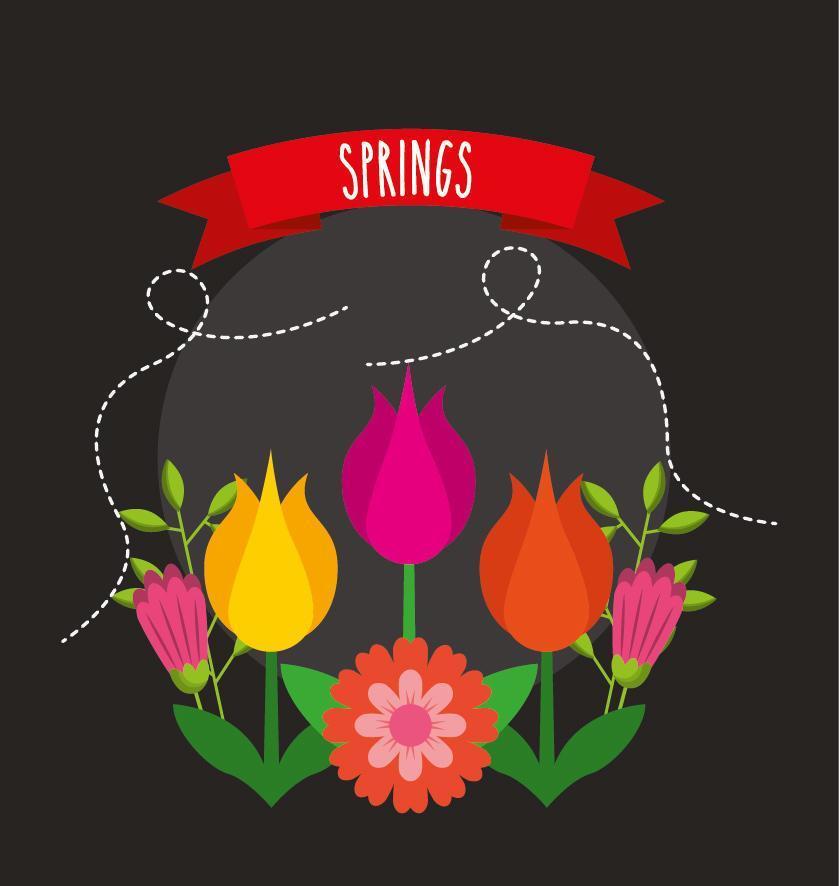 hola cartel de primavera con flores y cinta vector