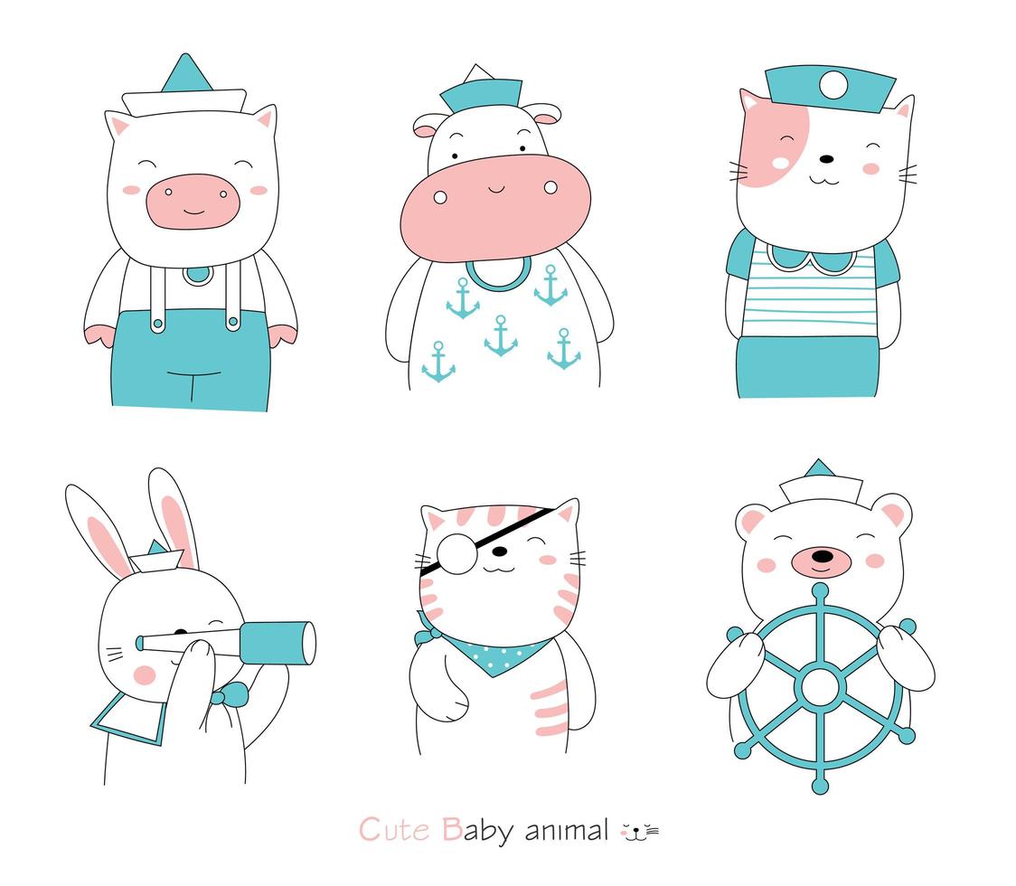 estilo dibujado a mano. dibujos animados de animales bebés con trajes de marinero vector