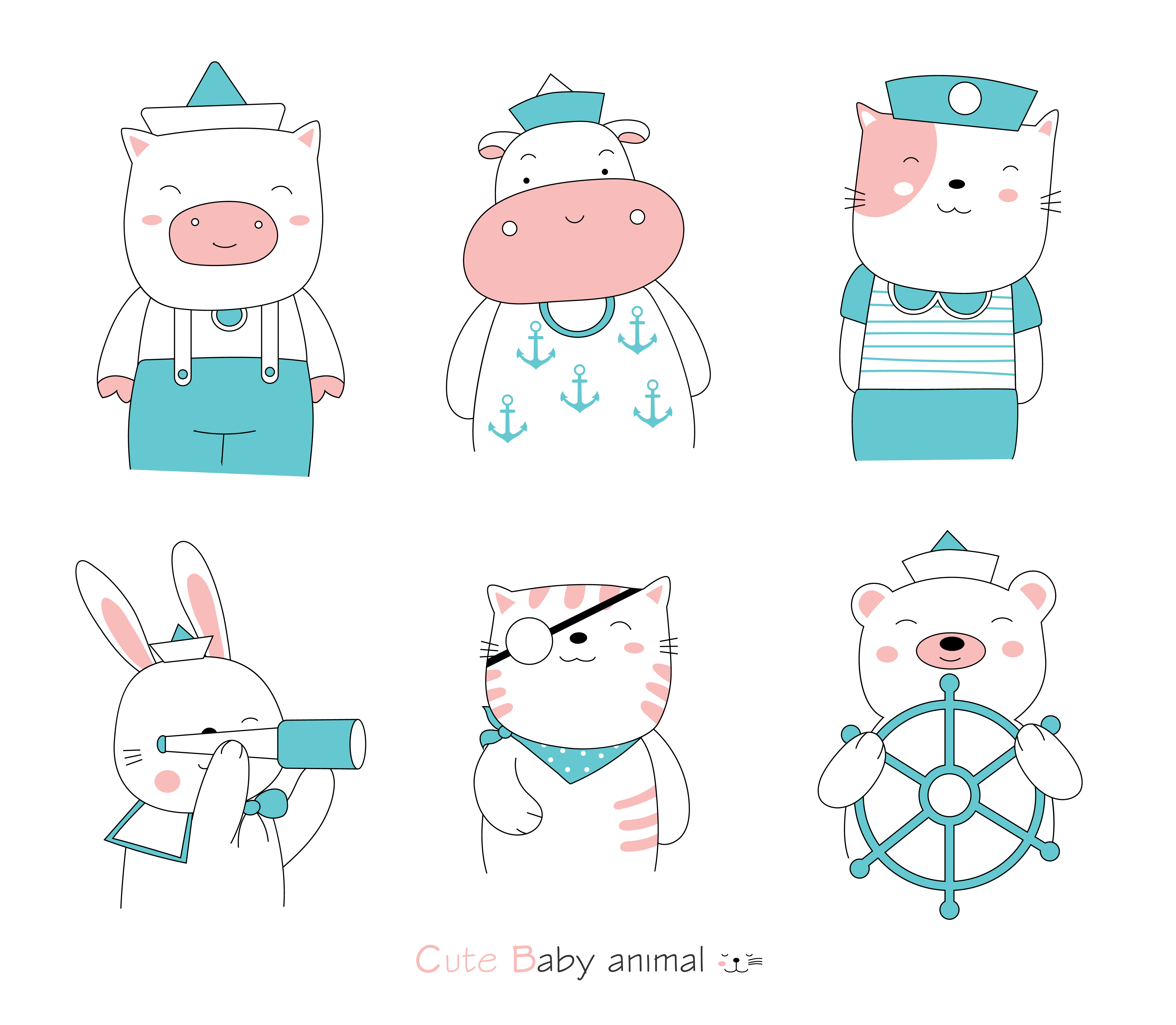 Estilo Dibujado A Mano Dibujos Animados De Animales Bebes Con Trajes De Marinero Vector En Vecteezy