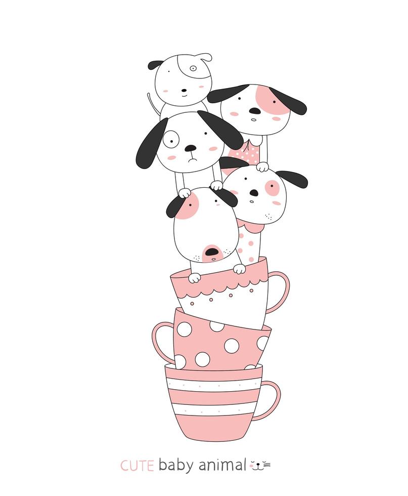 Cartoon cute baby dogs in teacups. Hand-drawn style. vector