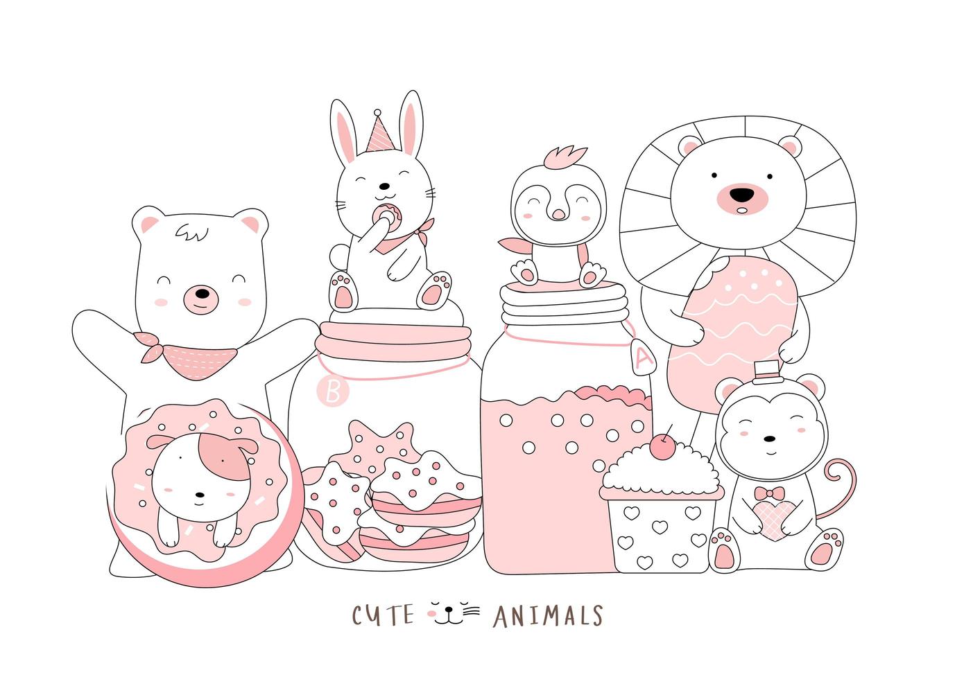 Cartoon cute baby animals with food. Hand-drawn style. vector