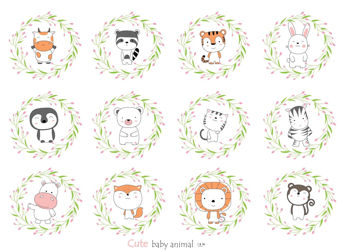 Cartoon baby animals with flower borders. Hand-drawn style. vector