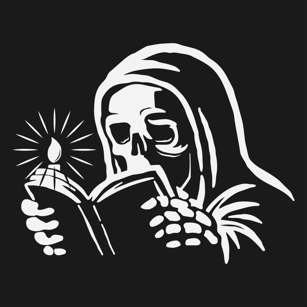 skull wearing robe reading a book with candle on the side vector