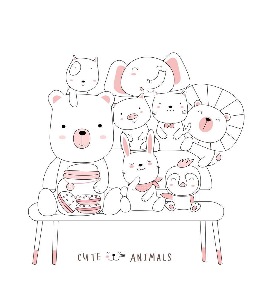 Cartoon cute baby animals on a chair. Hand-drawn style. vector