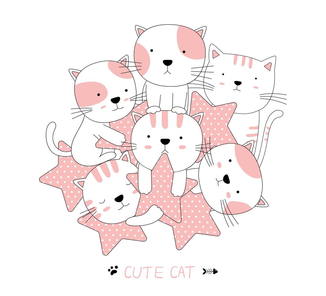 Hand drawn style. Cartoon sketch cute baby cats with stars vector