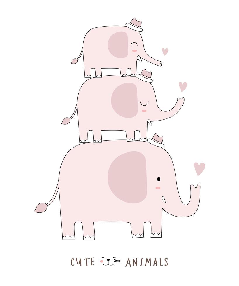 Cartoon cute elephants and babies. Hand drawn style. vector