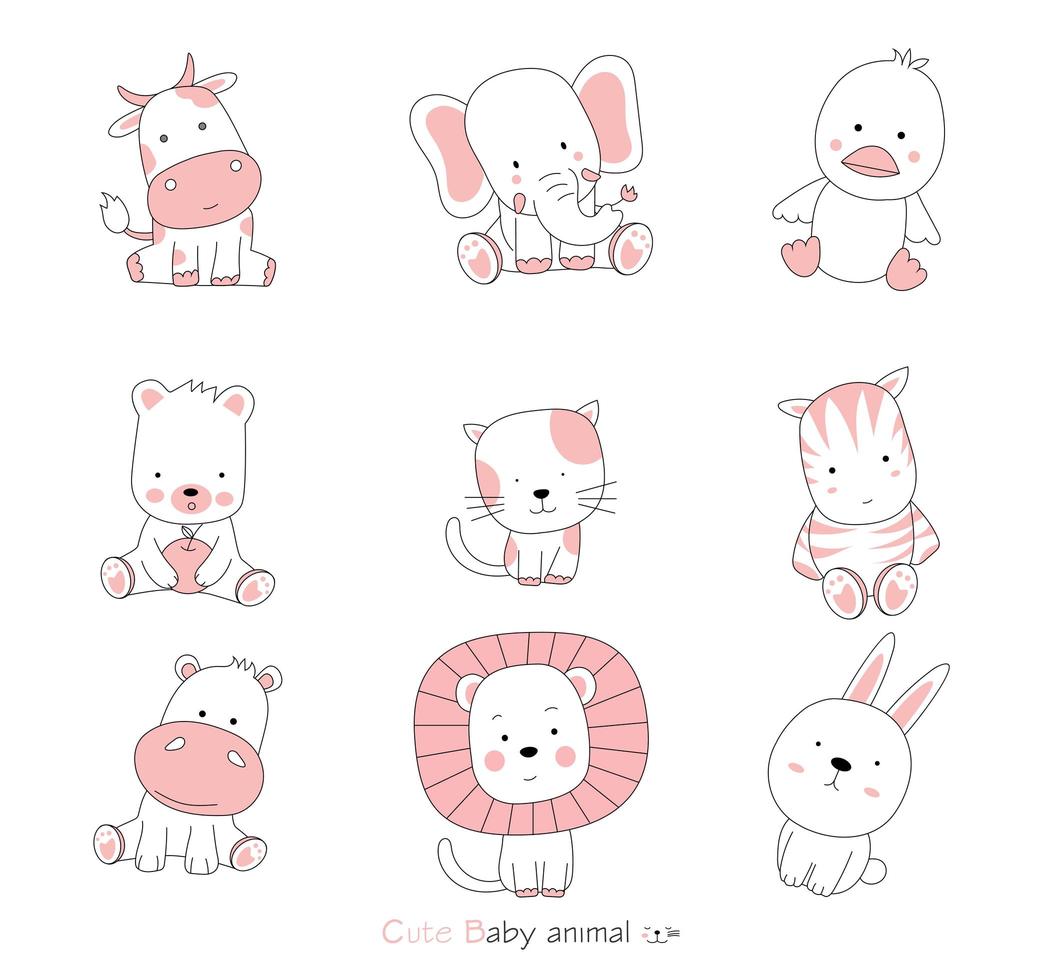 Set of cartoon baby animals on white background. Hand drawn style. vector