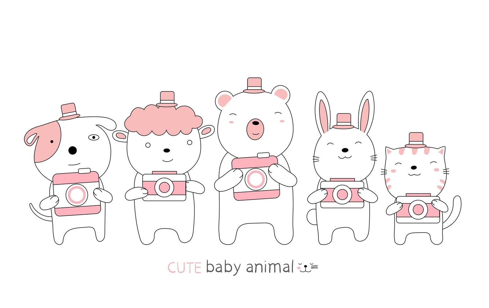 Cartoon cute baby animals and cameras. Hand-drawn style. vector