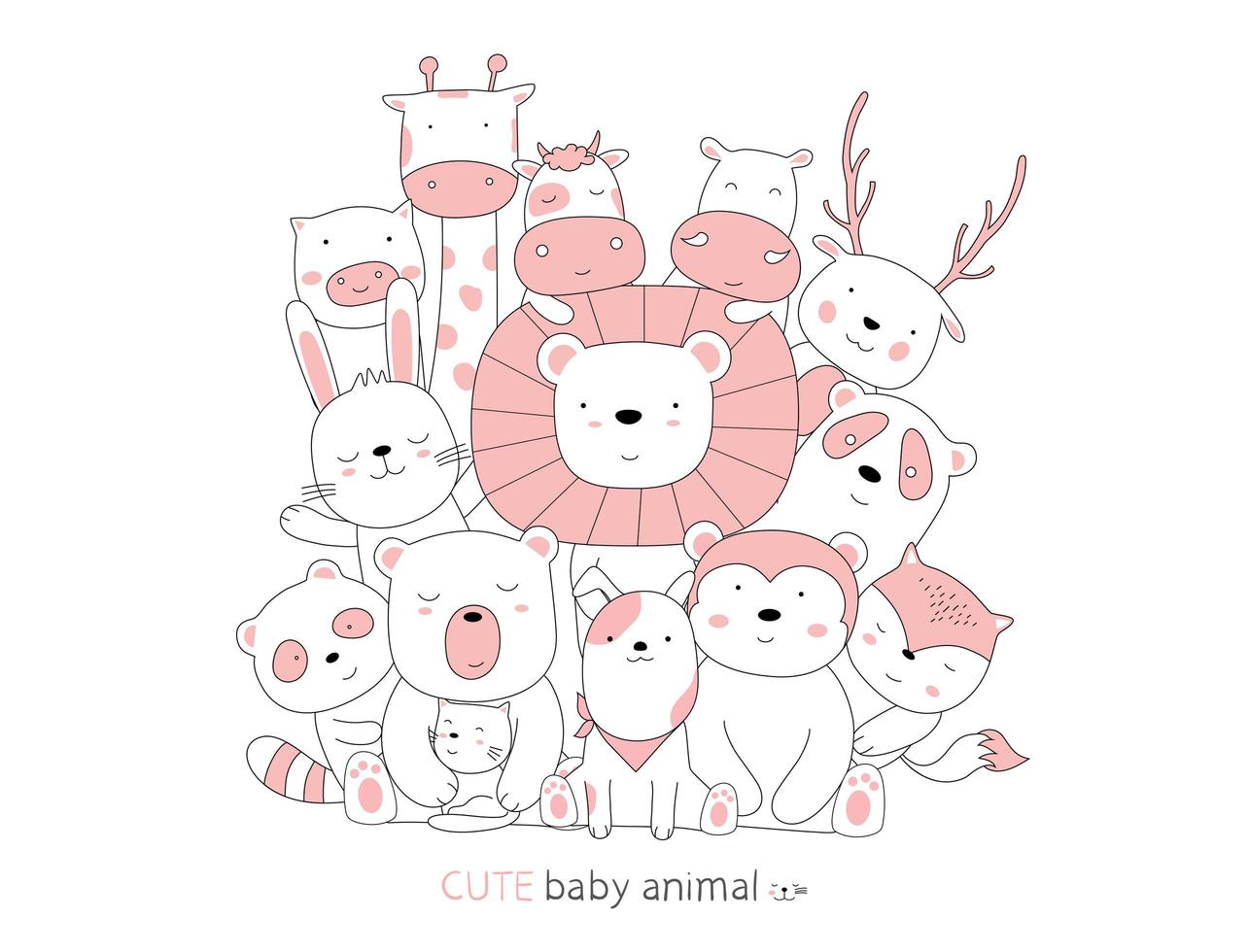 Hand drawn style. Cartoon sketch the cute posture baby animals vector