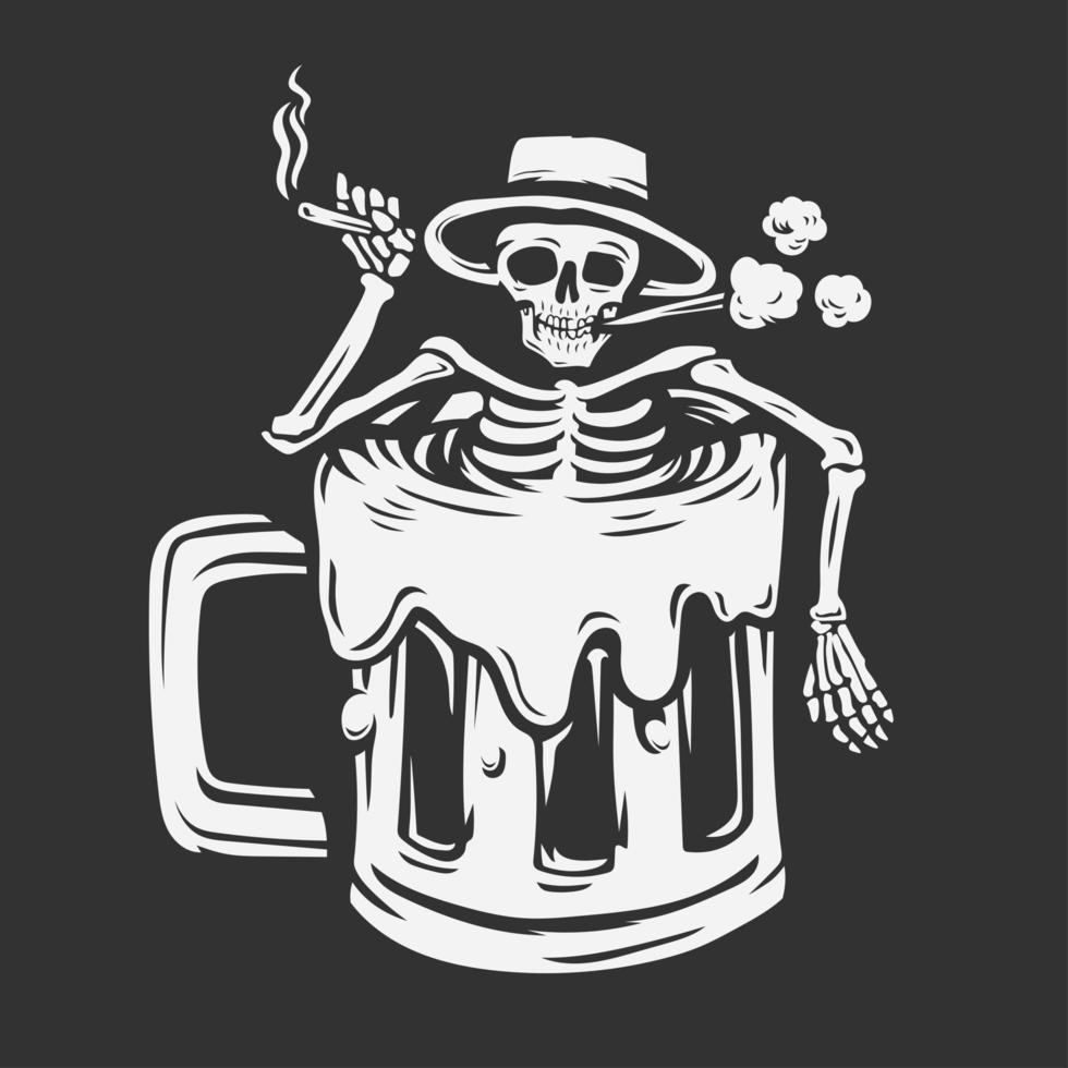 una calavera con un sombrero sosteniendo un cigarrillo empapado en un vaso de cerveza vector