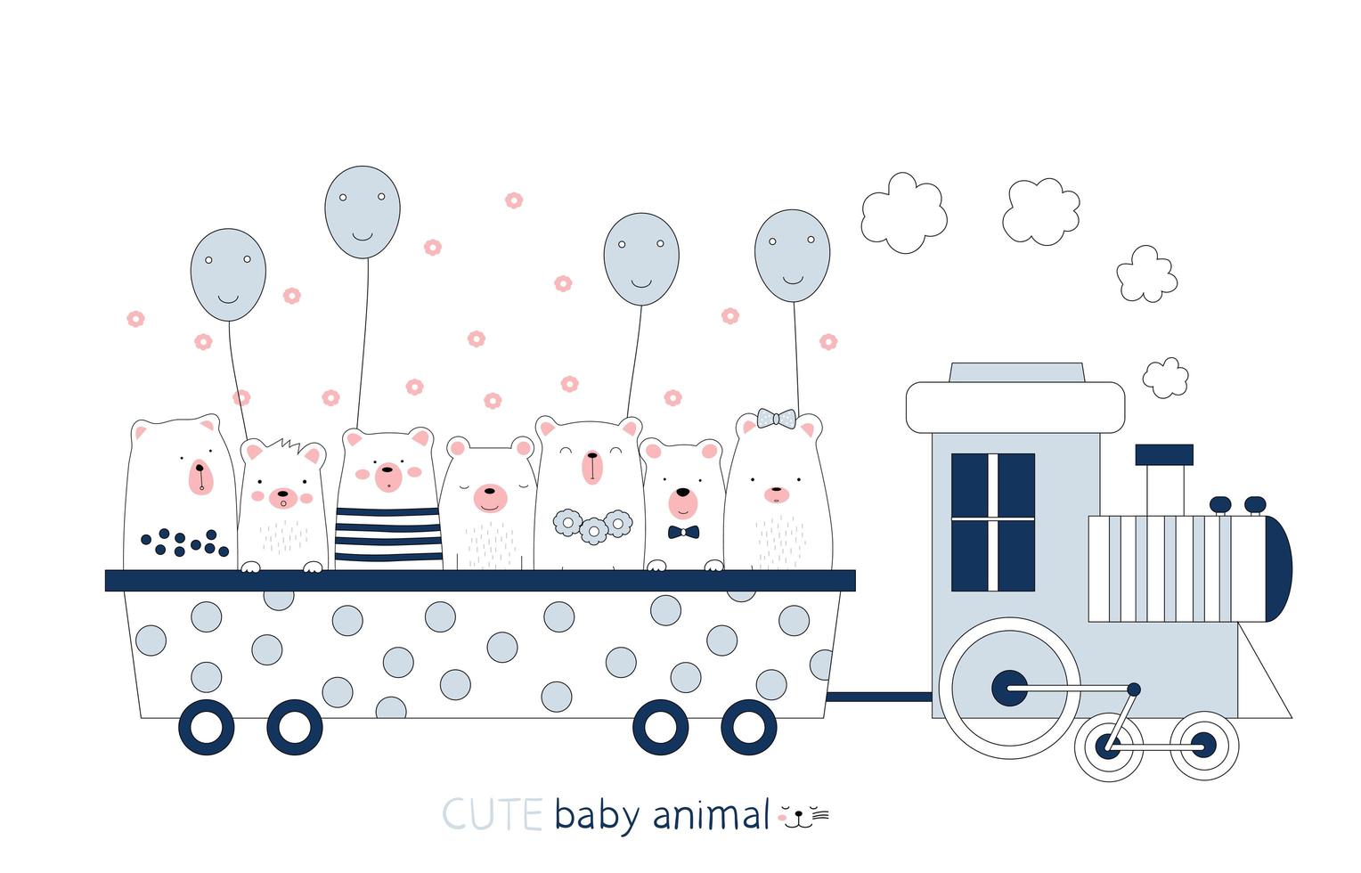 Cartoon cute bears on a train. Hand-drawn style. vector