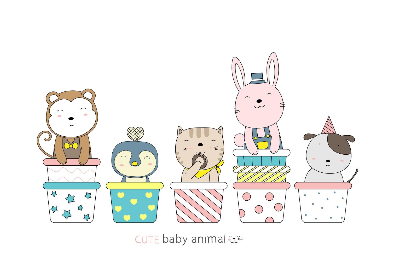 Cartoon Cute Baby Animals On Cupcakes Hand Drawn Style Vector Art At Vecteezy